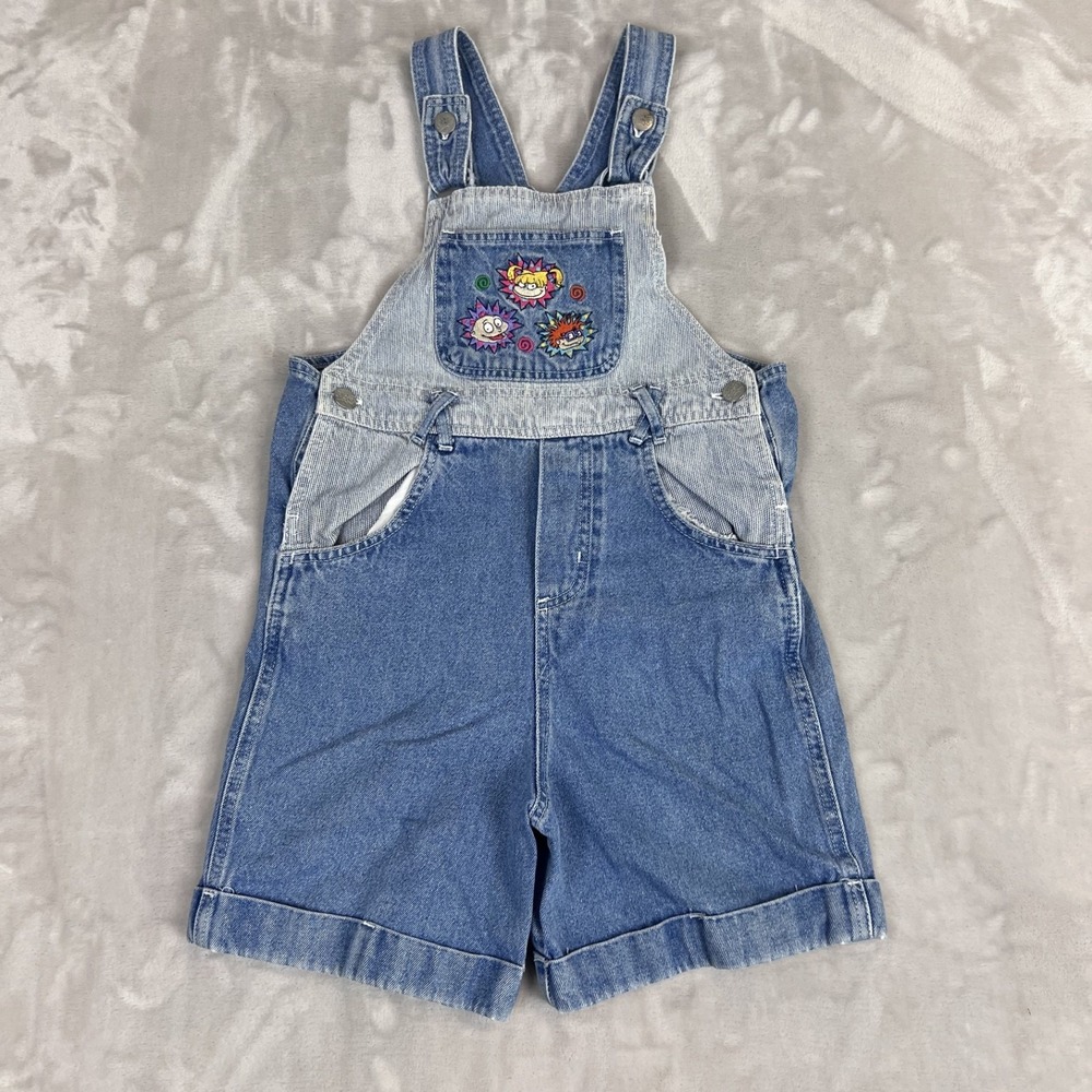 Vintage Nickelodeon Rugrats Shortalls Overalls Kids 8 Blue Denim 90s Y2K Retro
